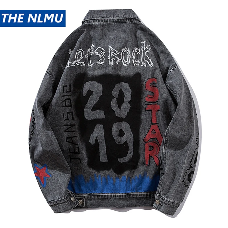 

Denim Jacket Men Jeans Coat Hip Hop Graffiti Print Jacket Streetwear 2019 Spring Autumn Tops for Male HA067