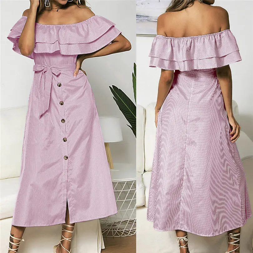 Plus Size New Fashion Women Summer Casual Daily Sexy Off Shoulder Button Dress Short Sleeve Slash Neck Striped Dress #4A18 (16)