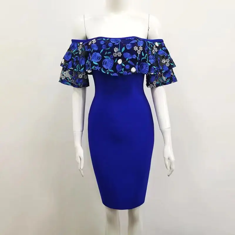 Sexy À Bleu De Bandage Robe Slash L'épaule Floral Cou 2018 Celebrity Manches Party Courtes Élégante Femmes UqdFXx4U