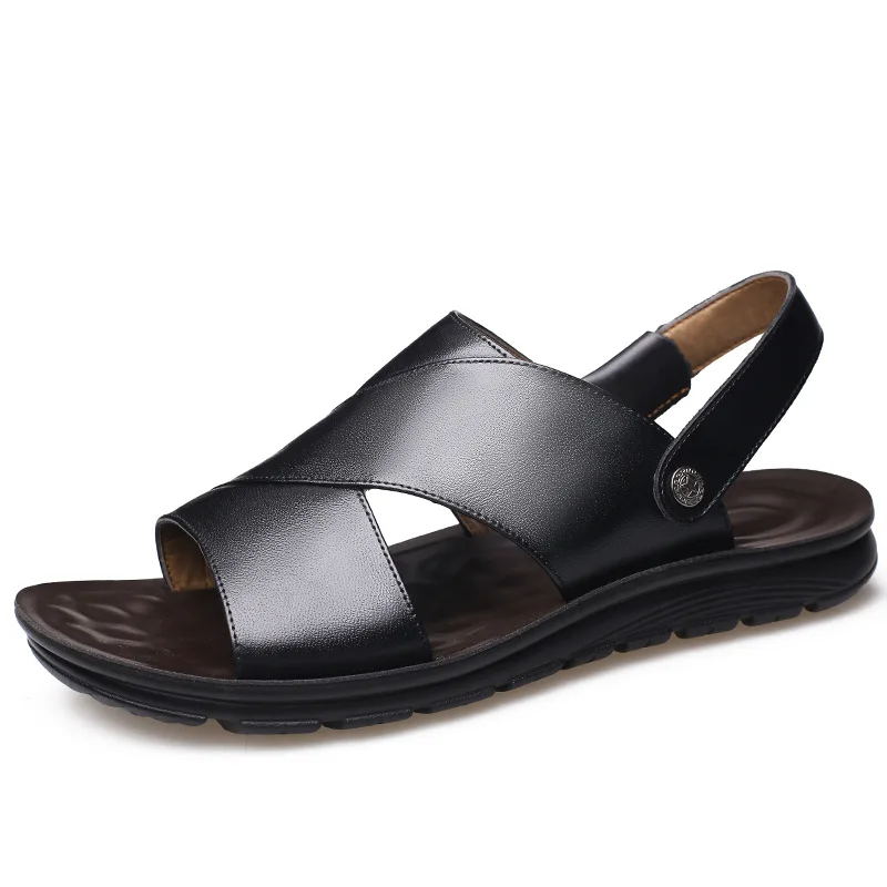 

Outdoor Genuine Leather Sandals Men Summer Black Beach Sandals 2019 New Fashion Flat Anti-Slippery Sport Sandals for Men