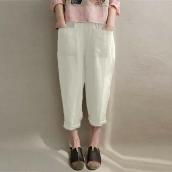 

2019 New Women Ladies Casual Loose High Waist Solid Long Pants Linen Cotton Elastic Fashion Trousers