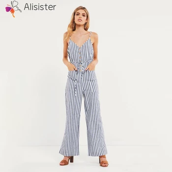 

Vintage Bule Striped Boho Jumpsuit Romper V Neck Sleeveless Casual Jumpsuit Loose Sash Button Summer Autumn Women Overalls