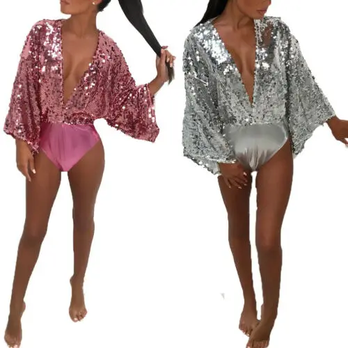 

Womens One-piece Leotard Monokini Deep V Sequined Swimsuit Swimwear Sequin Bikini Swimwear Beach Cover Up Thong Jumpsuits