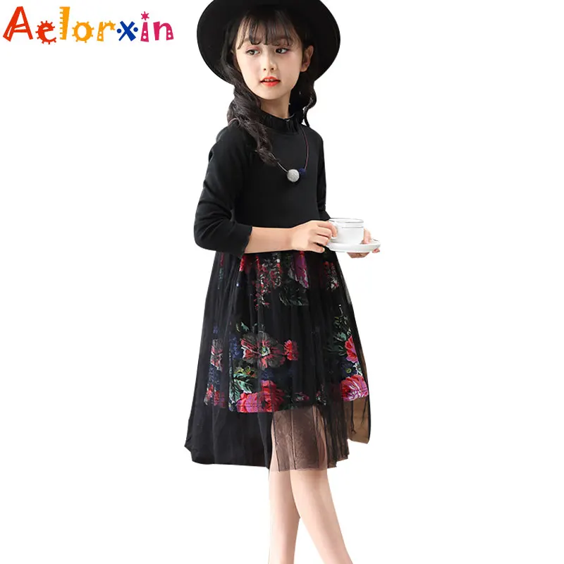 

2018 Spring Long Sleeve Mesh Floral Print Full Sleeve Kids Clothing Spring Autumn Fashion Children Girls Dresses 4 5 6 7 8 9 15T