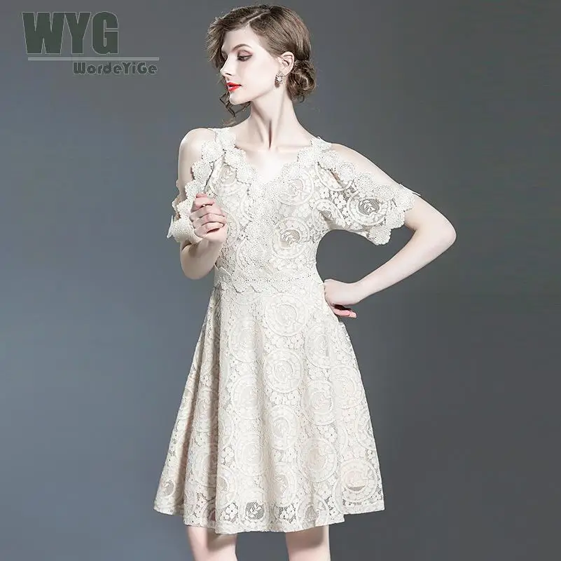 WYG Cold Shoulder Dresses For Women 2018 Summer Korea Fashion V Neck
