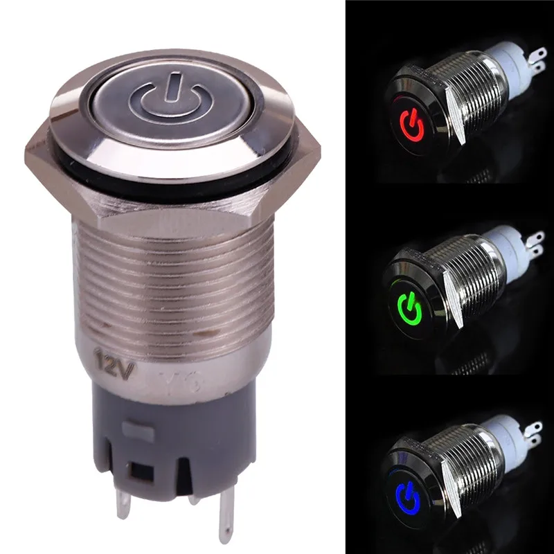 

New 16mm 12V Car Silver Aluminum LED Power Push Button High-grade Appearance Nice Touch Feeling Switch Latching Valve#295585