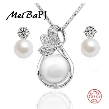 

[MeiBaPJ]New natural pearl jewelry sets real 925 solid silver classic pendant & earrings charm jewelry set gift box