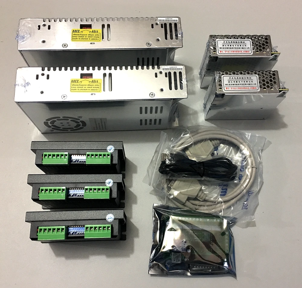 

3pcs ST-M5045 stepper motor driver +1pcs mach3 5 Axis Parallel port breakout board + 2pcs 36V power supply+2pcs 12V power supply