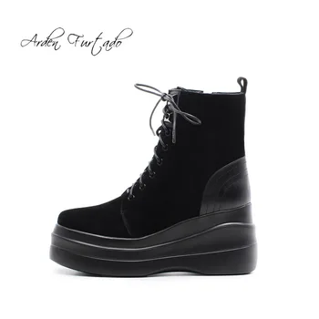 

Fashion comfortable classics women's shoes winter 2019 round toe cross tied lacing up platform leisure wedges matin boots 8cm