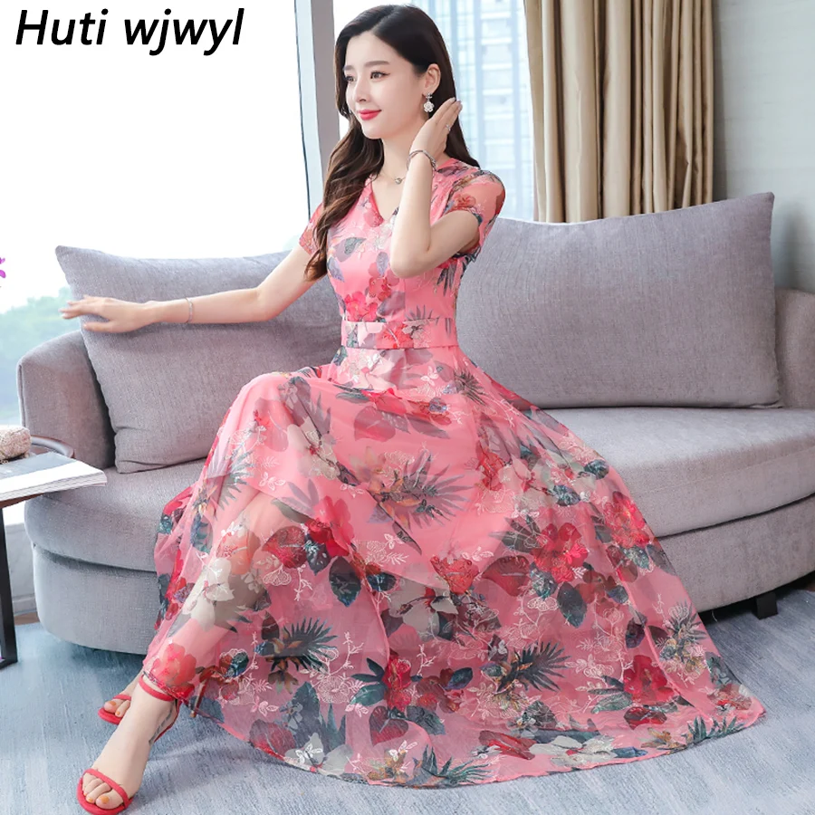 

2019 Elegant Floral Chiffon Boho Midi Dress Summer Vintage 3XL Plus Size Print Beach Maxi Sundress Women Bodycon Party Vestidos
