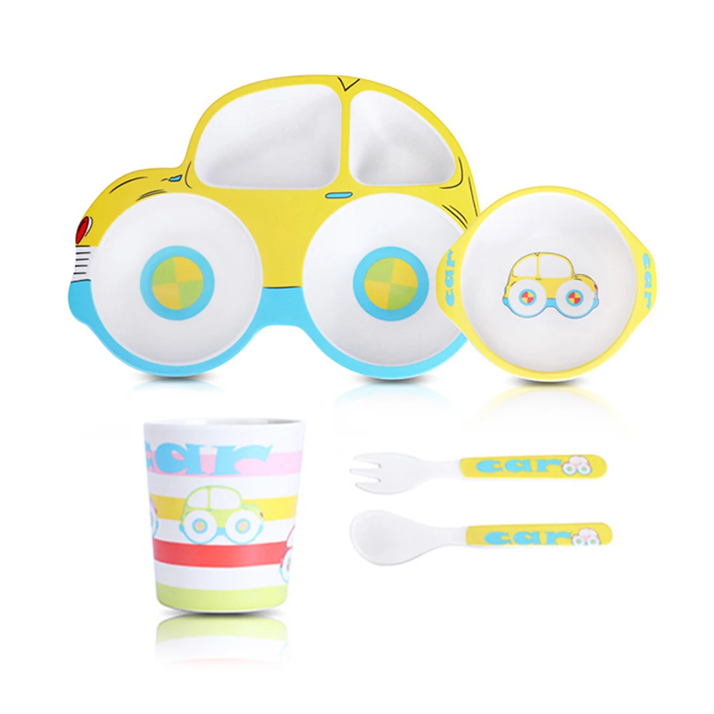 Baby Dishes Bowl Cup Plates Sets Bamboo Fiber Cute Cartoon Feeding Toddler Tableware Children Dinnerware Set