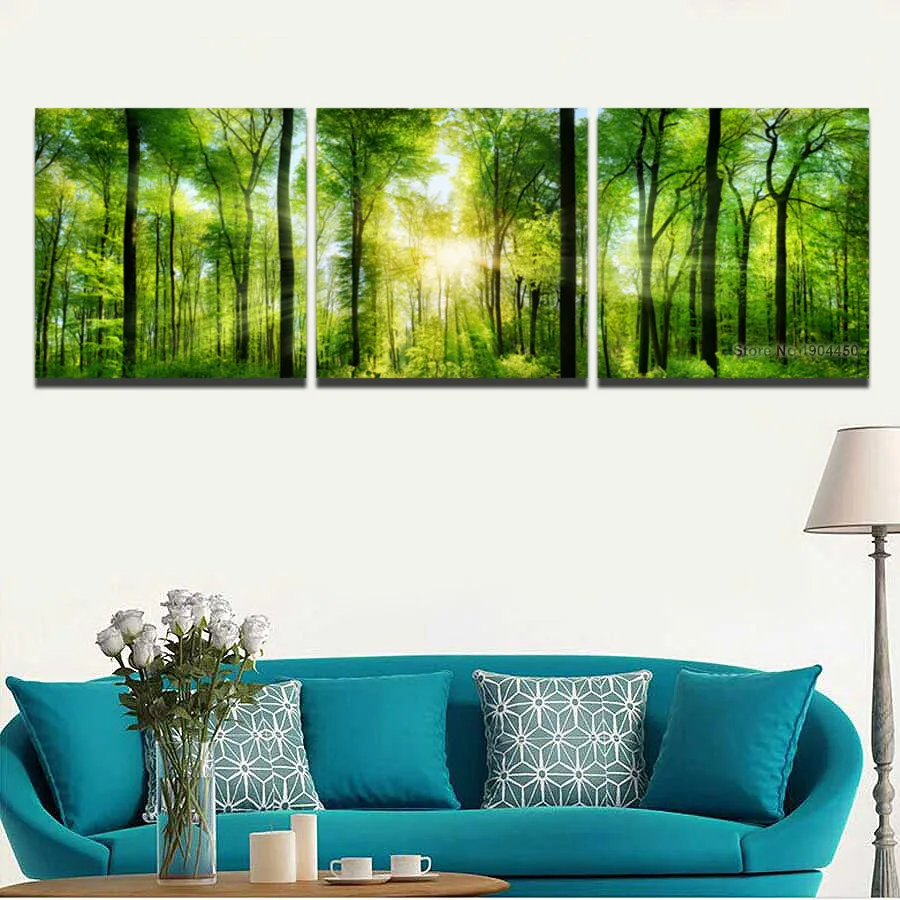3 панели холст настенный арт Солнечный свет зеленое дерево лес пейзаж Картина модульная картина HD принты для домашнего декора спальни