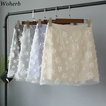 Woherb Женская милая Цветочная вышивка мини юбка корейская повседневная юбка Женская высокая талия кружева карандаш Faldas Jupe Femme 22567