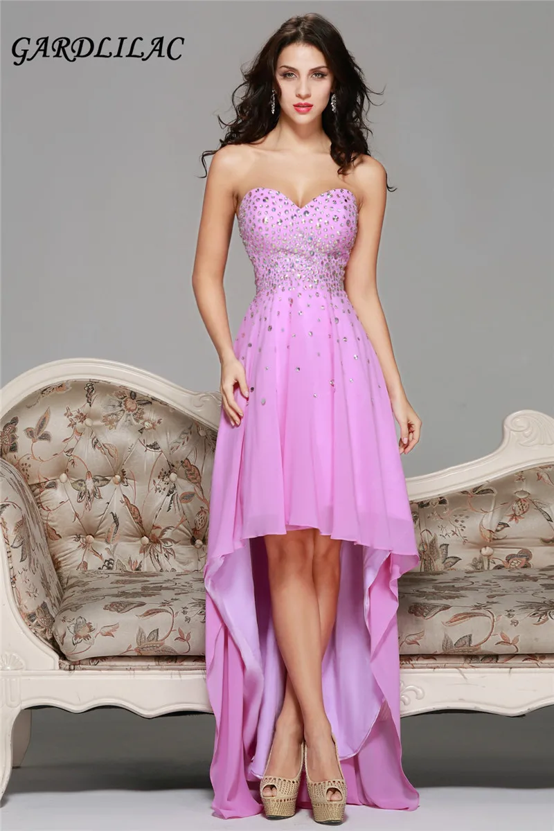 

chiffon sweetheart beading off the shoulder high-low hot pink long evening dress backless evenning party dress