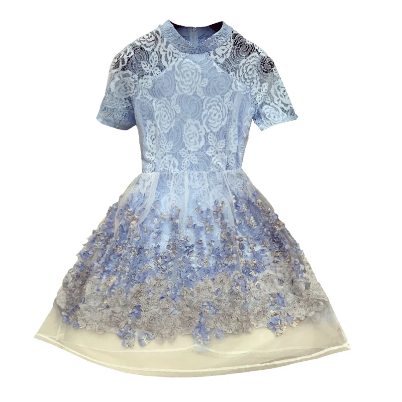 Летнее женское платье Oganza для девочек винтажное кружевное платье Перспектива цветок Мини платья женские синие Vestidos