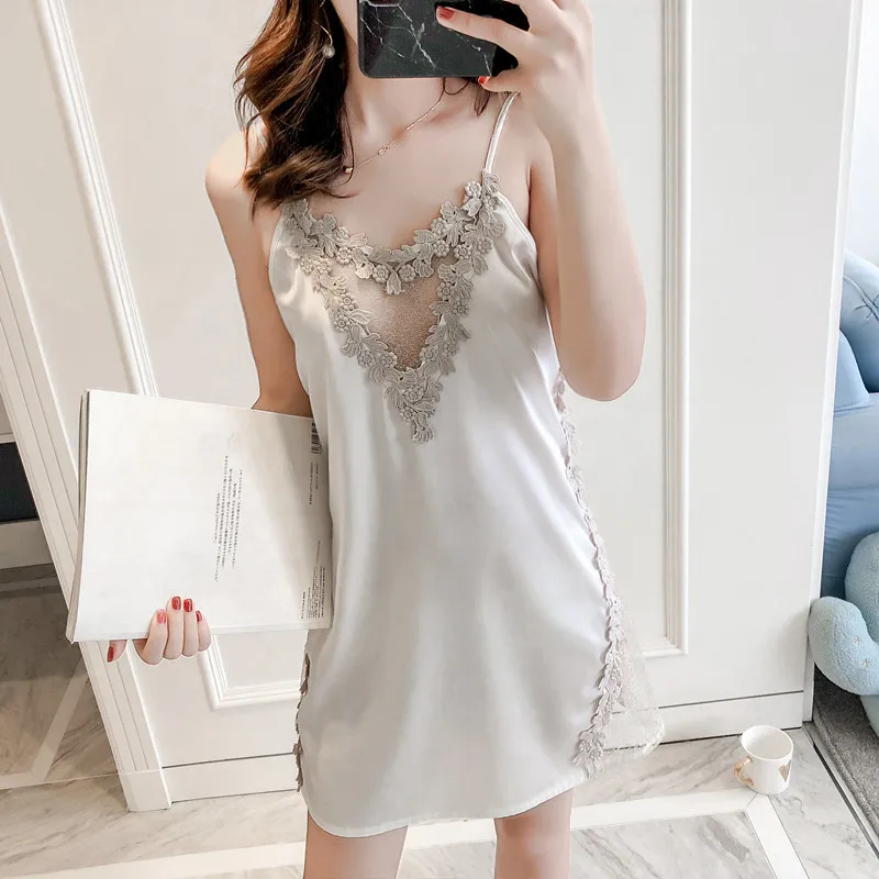 

QWEEK Women Sexy Nightgown Sexy Nightwear Lace V-Neck Silk Satin Nightdress 2019 Summer Lingerie Nightgown Women Night Dress