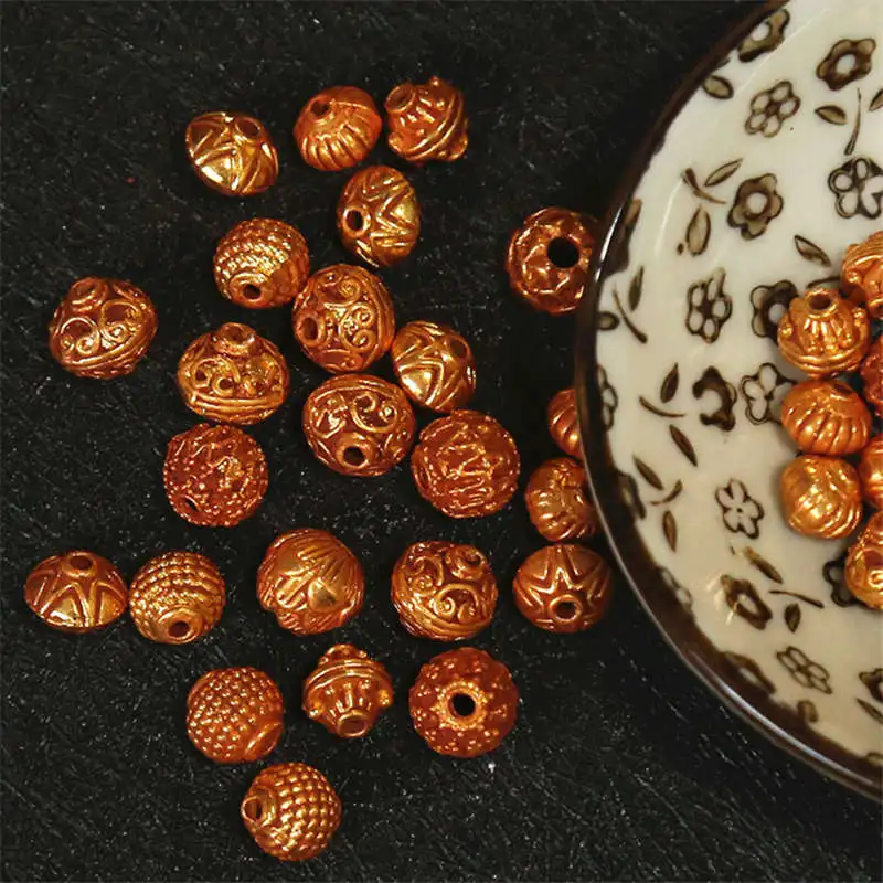 

NBB420 Tibetan Brass Golden-Plated Amulet Loose Beads Nepal copper Golden Vintage Flower Silk Beads Charms
