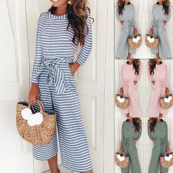 

Wontive 2019 Spring and Autumn Fashion Slim Lace Sexy Striped Crew Neck Jumpsuit Ladies Jumpsuit Bodysuits