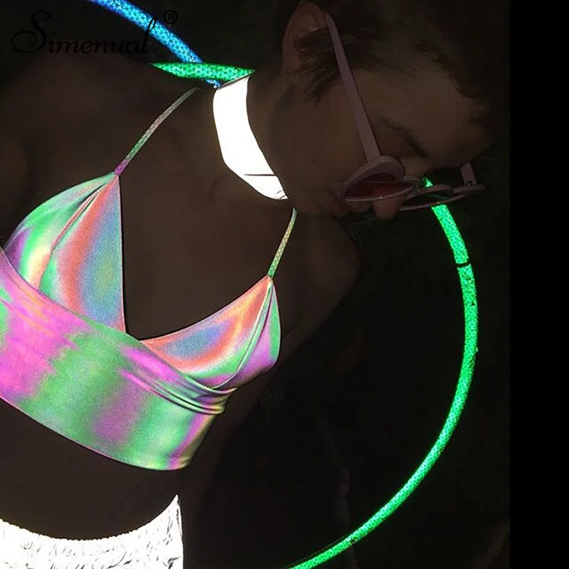 Simenual V Neck Sexy Holographic Bralette Crop Top Strap Reflective Fashion Camis Hot Summer 2019 S