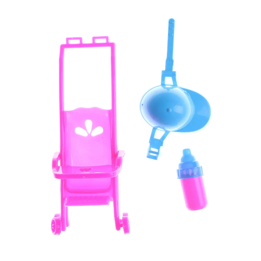 

3PCS/Set Baby Stroller+milk Bottle+safety Hat Carriage Stroller Trolley For Dolls Furniture Nursery Toy Infant Kids Gift