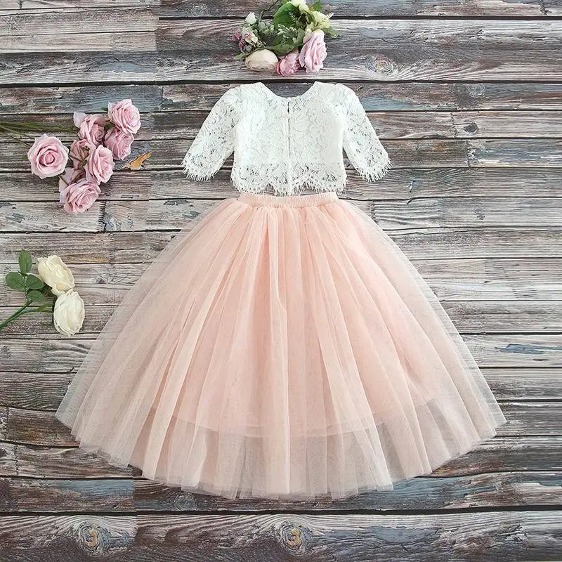 

5400 Eyelash Lace Princess Spring Summer Baby Girl Clothing Set 2P Top T-shirt Outwear + Long Skirt Wholesale Baby Girls Clothes