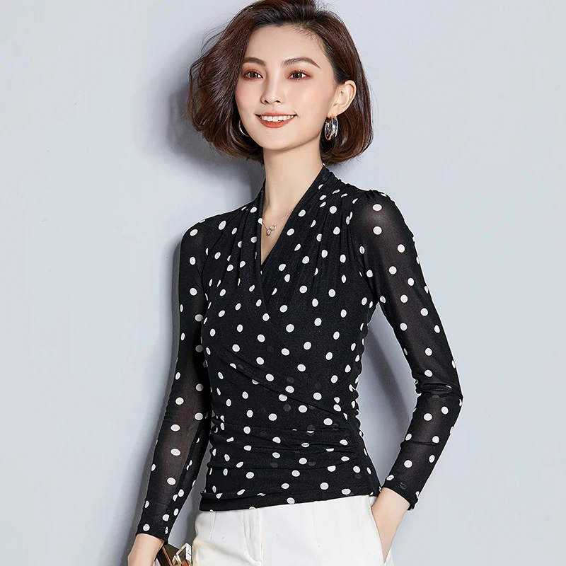  AOSSVIAO Office Blusas Chemise Femme Shirt Women Polka Dot Print Chiffon Blouse Tops Feminine Hippi