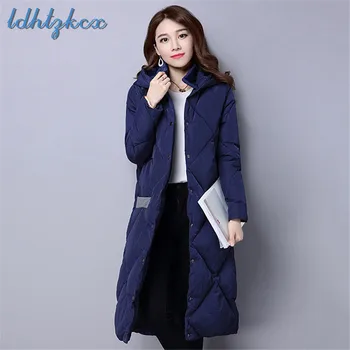 

LDHTZKCX Solid Color Large Size Long-sleeved Hooded Parkas Female 2018 Winter New Loose Single Breasted Button Cotton Coat CX398