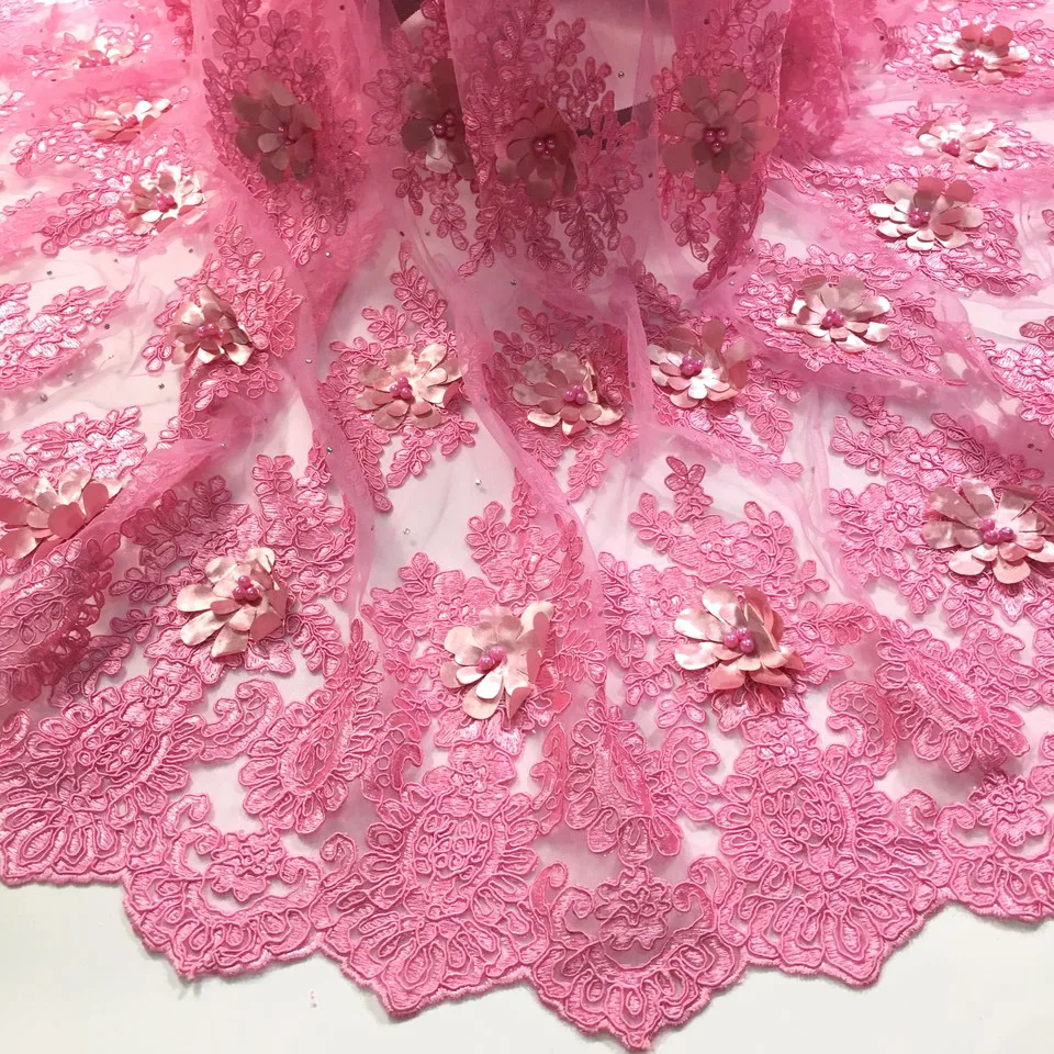 

Pink 3D Lace Fabric With Beads And Stones High Quality African Tulle Lace Fabric 2019 Guipure Nigerian Lace Fabrics M26081