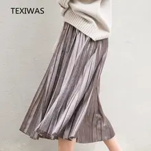 TEXIWAS весна осень сплошной цвет жира мм размера плюс M-6XL плиссированная юбка темперамент длинный отрезок свободная Золотая Бархатная юбка
