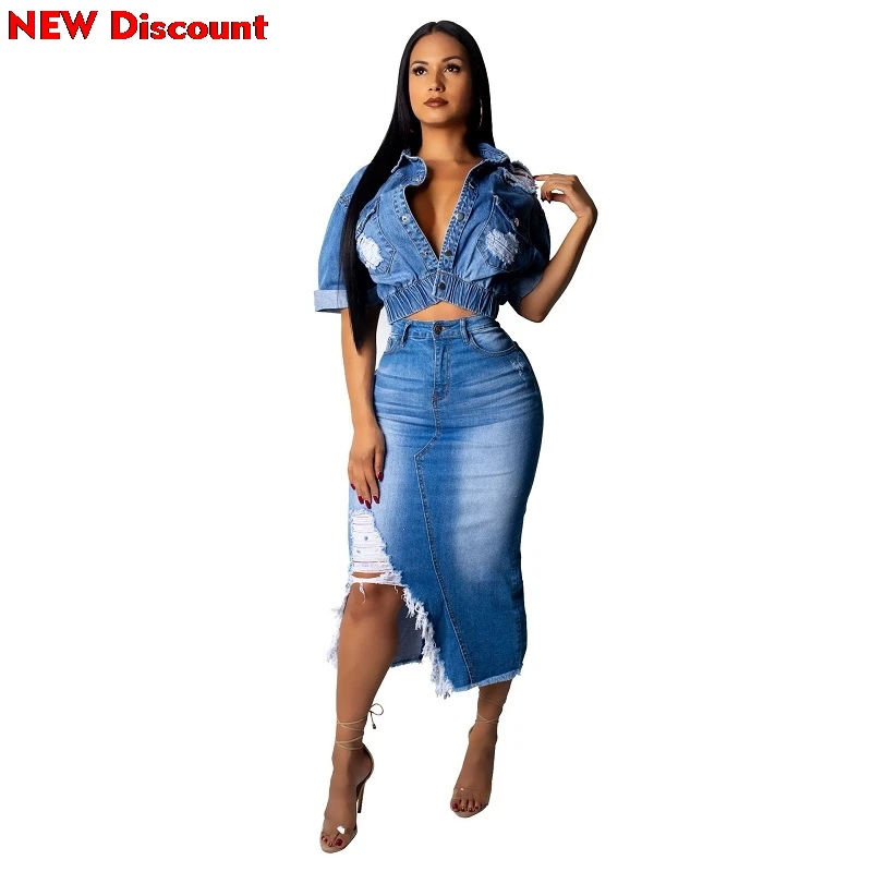 2 piece blue jean skirt set