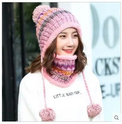 RUHAO зимняя вязаная шапка женские шапочки с шарфами маска Warm капот Теплые Мешковатые зимние шапки для девочек Skullies Beanies - Цвет: 4color
