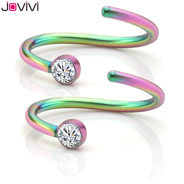 2pcs Colorful Jovivi из нержавеющей стали 20 г хрустальный шар 8 мм кольца для носа в плену серьги-гвоздики с бусинами кольцо для носа ухо спиральный для хряща Tragus Daith Sep - Окраска металла: 2pcs Colorful