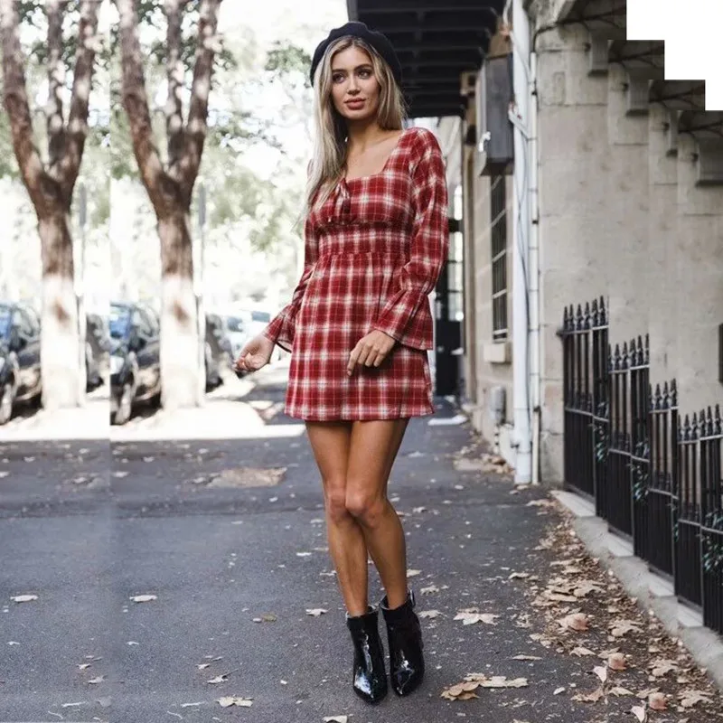 yinlinhe Red Plaid Dress Women Long Flare Sleeve Vintage Lace Up Slim Waist Summer Dress Hollow Out Elegant Vestidos  1