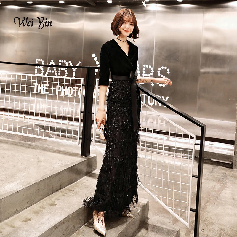 weiyin Black Velvet Evening Dresses Long Mermaid V-Neck Formal Dress Sequined Abendkleider Women robe de soiree longue WY1260