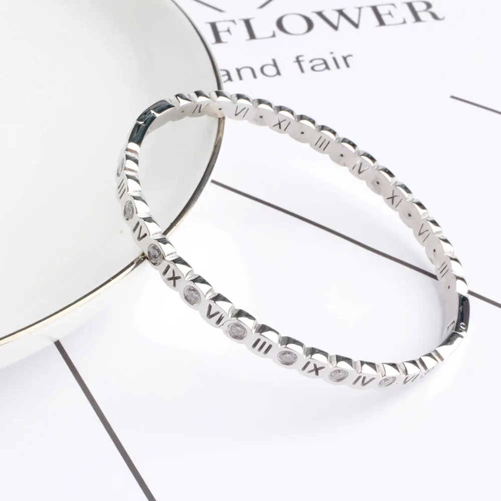 FINE4U B088 римская цифра Браслет-манжета 316L браслеты из нержавеющей стали и браслеты для женщин Свадебные украшения с цирконами 3 цвета - Окраска металла: Silver-5mm