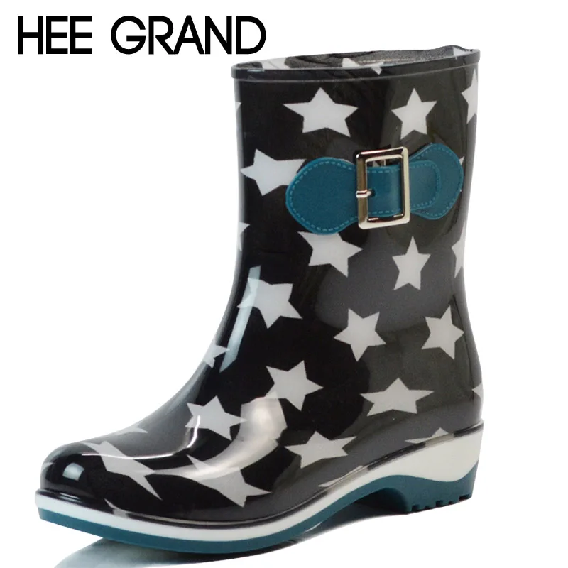 

HEE GRAND Rain Boots 2017 Stars Platform Mid-Calf Women Boots Slip On Casual Shoes Woman New Flats Size 36-40 XWX4277