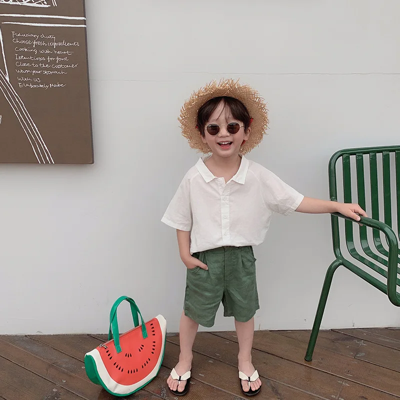 

Korean style Summer boys cotton solid color shirts kids short sleeve dot loose Tops clothing