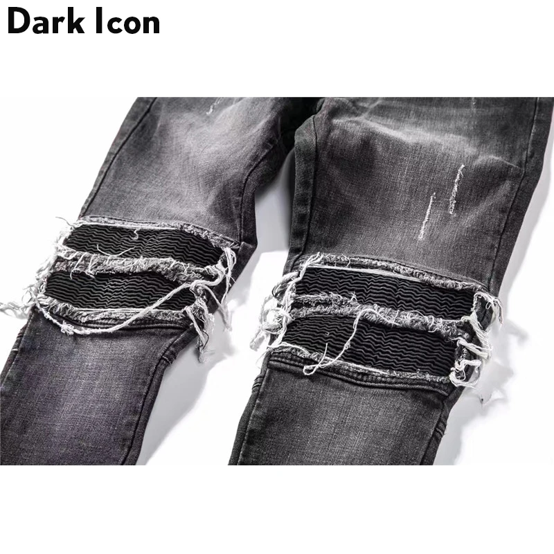 DARK ICON Pleated on Knee Men's Jeans High Street Motorcycle Denim Pants Men Full Length