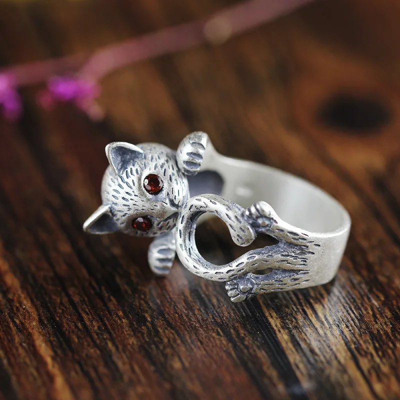 

New JEWELS Fashion Silver S990 Adjustable Rings Delicate Cute Cat Design Sterling Thai Silver Ring with Zircon for Women