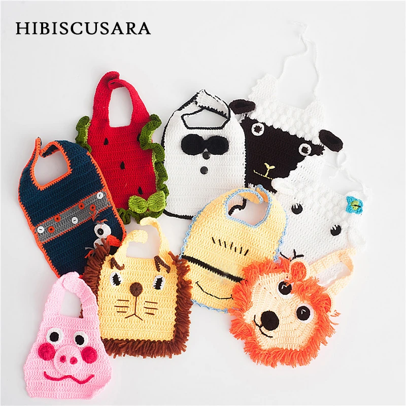 

Animal Baby Bibs Handmade Knitted Adorable Infant Burp Cloths Novelty Photo Props Accessories Cartoon Bib Lion Sheep 0-1 Yrs