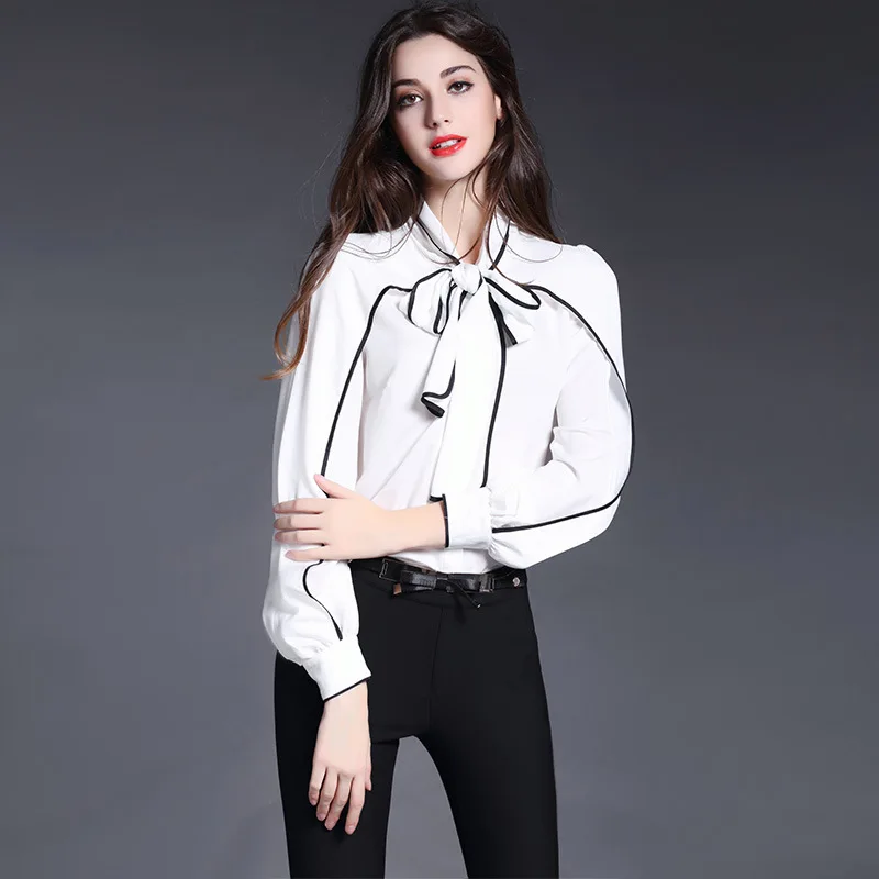 Лучшее качество нового Лидеры брендов Мода Весна Для женщин элегантный галстук-бабочка черно-белый цвет блок удлиненная блуза, юбка женский