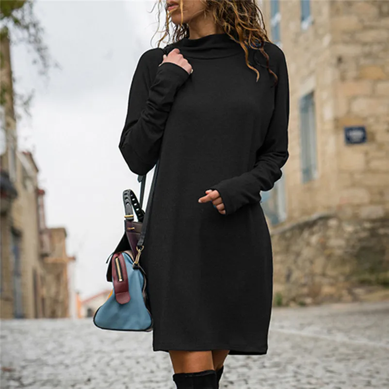

Fashion Women Dress Casual Solid loose Round Crew Neck Long Sleeve Dress Sweatshirt Mini Dress Autumn Winter Daily Dress#25