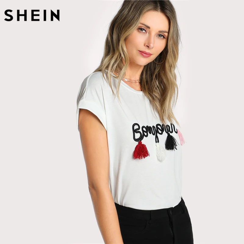 SHEIN Модный Топ С Вышивкой И Бахромой Женская Летняя Повседневная Футболка С Короткими Рукавами