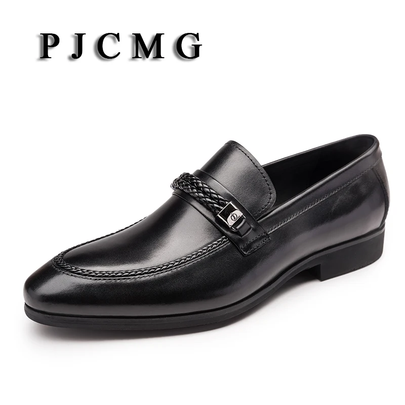 Pjcmg New Luxury Breathable Black Dress Genuine Formal Leather Woven ...