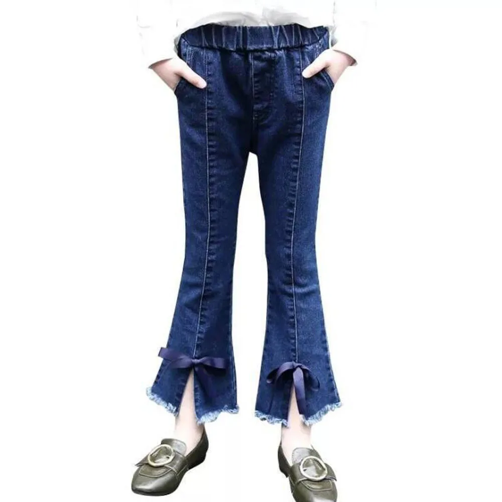Girl Children Jeans Slim Wide Leg Pants Burr Flared Denim Trousers Fashion Ripped With Bow Ribbon | Детская одежда и обувь