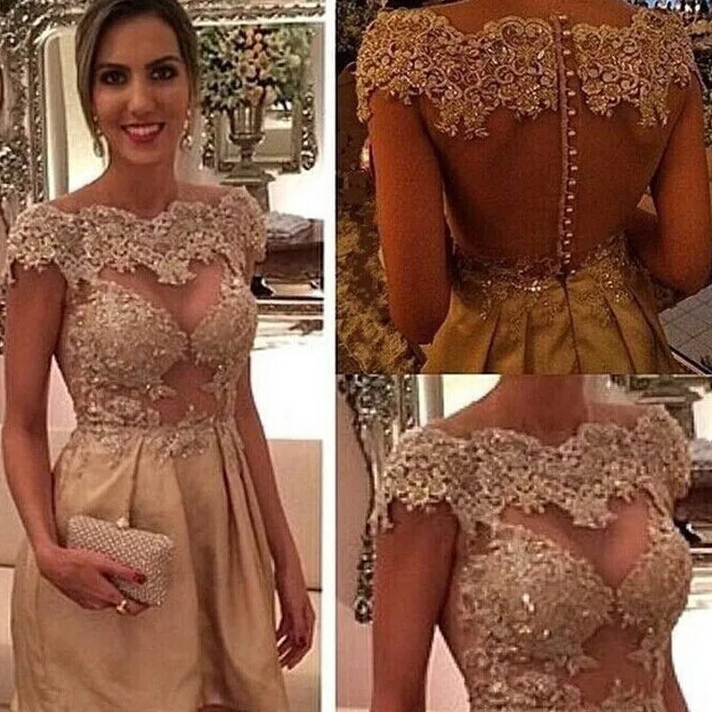 

New Arrival Champagne Satin A-Line Cocktail Dresses 2019 Scoop Vestido De Festa Appliques Hollow Back Prom Dresses