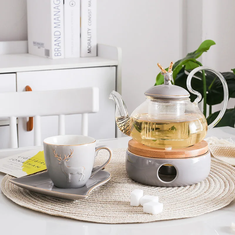 Нордический креативный набор для заваривания чая с золотым лосем, керамический чайный горшок, чайная чашка с блюдцем, ложка, стеклянный вечерний чайный набор, подсвечник
