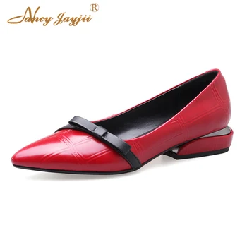 

Red Black 2018 Genuine Leather Women Pumps Low Heel Pointed Toe Cow Mules Strange Casual Sexy Party Fashion Size 37 38 Autumn