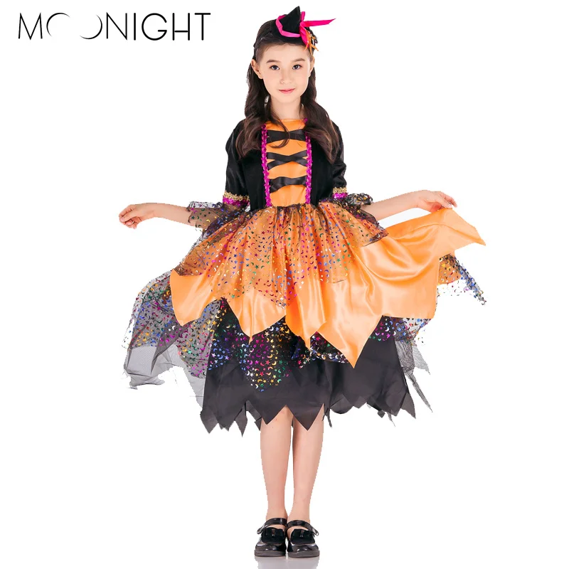 

MOONIGHT Carnival Halloween Witch Costume for Girls Fancy Dress with Hat Children Cosplay Dress