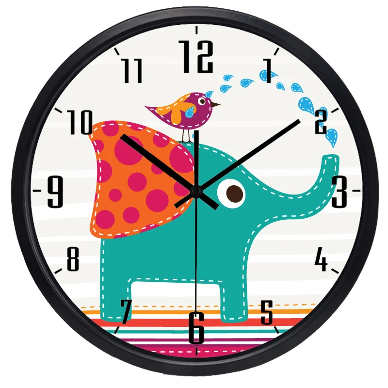 Cartoon Elephant Wall Clock 12/14inch Water Spray Birds for Kids Room